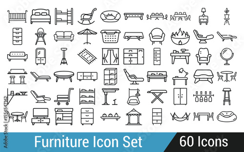 Furniture Icon Set Black Line Style Depicting Various Household and Outdoor Items From Beds to Tables to Seating Options for Interior Design