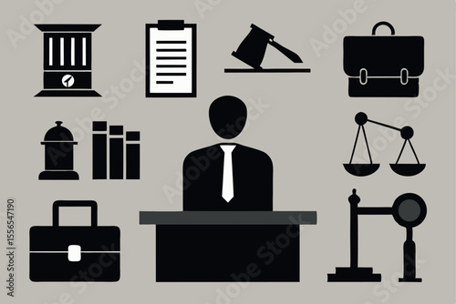Legal System Silhouette Vector – Judge, Courtroom, Law Symbols