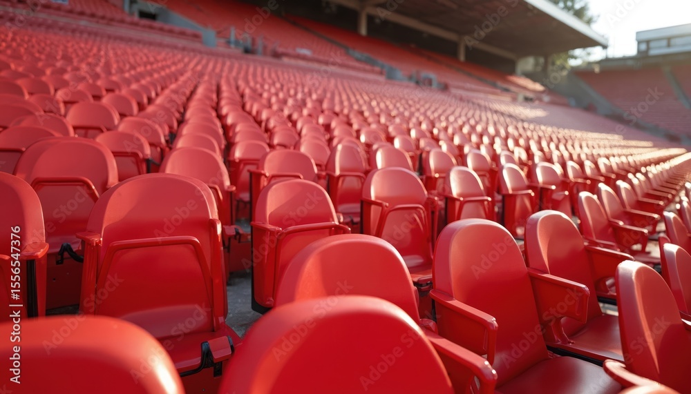 Naklejka premium Red plastic grandstand seats in open-air stadium under daylight. Multiple rows of seats for event spectators. Blurred background gives focus to chairs. Stadium seating, sports, arena, public, venue,