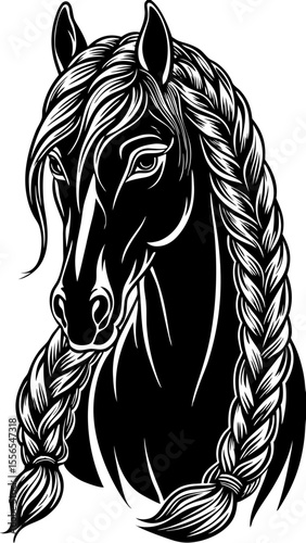 Black horse with braided mane in detailed silhouette style  
