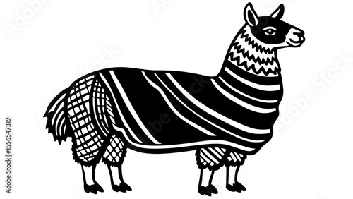 Llama wearing a poncho with decorative patterns in black and white  