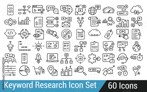 Keyword Research Icon Set for Digital Marketing and SEO Optimization Strategy Represented with Various Icons and Symbols for Website Analysis and Online Promotion