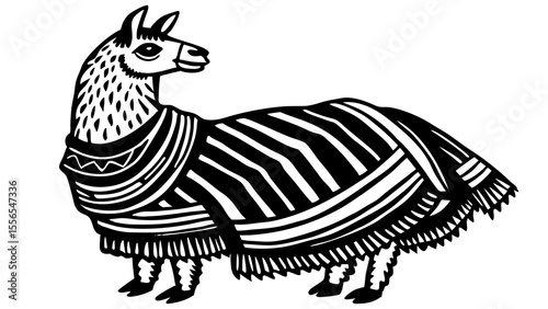 Llama wearing a traditional poncho with intricate patterns  