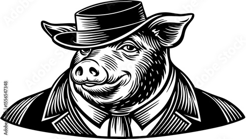 Pig wearing a bowler hat and suit in black and white illustration  