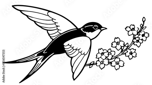 Swallow bird flying with cherry blossoms in black and white style  