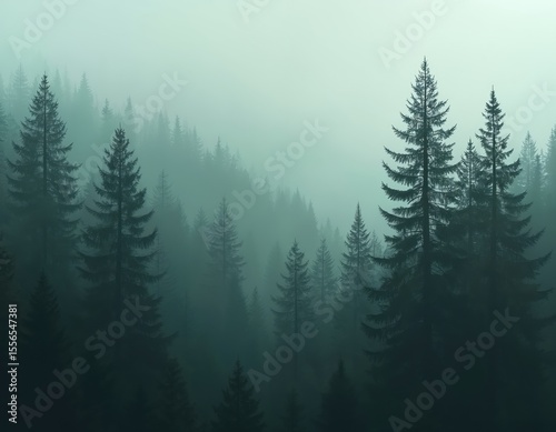 Misty forest with tall pine trees. Atmospheric landscape with dense forest, soft morning light. The scene is tranquil, serene. Fog, mist creates dreamy aethereal mood. Natural beauty, scenic outdoors.