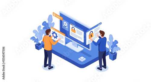 Cybersecurity Teamwork Isometric Vector Illustration of Collaborative Web Protection