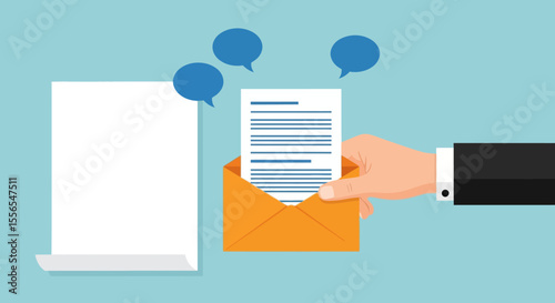 Vector Illustration Hand Delivering Important Document in Envelope with Speech Bubbles