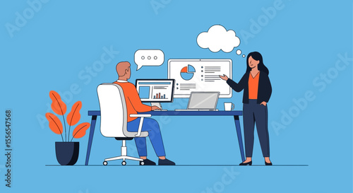 Vector Illustration Business Colleagues Collaborating on Project Presentation