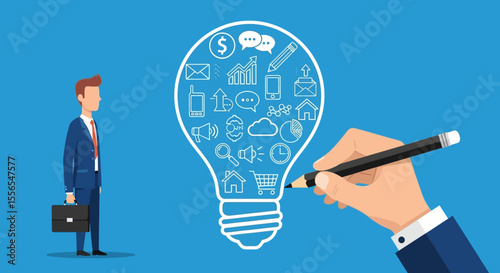 Business Ideas Vector Illustration of a Man and a Light Bulb Representing Innovation and Creativity