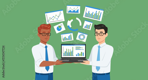 Collaborative Data Analysis Businessmen Presenting Key Insights on Laptop