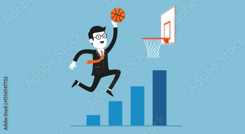 Businessman Achieving Success Basketball, Growth Chart Vector Illustration