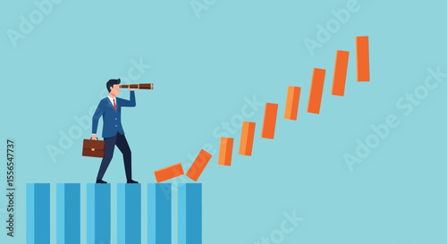 Businessman Using Telescope to Anticipate Domino Effect Risk Management