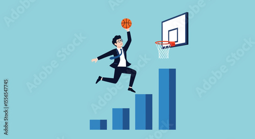 Businessman Achieving Success Basketball and Growth Chart Vector Illustration