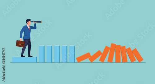 Businessman with Telescope Anticipating Domino Effect Crisis