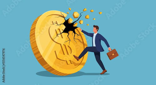 Businessman Breaking a Giant Gold Coin Vector Illustration