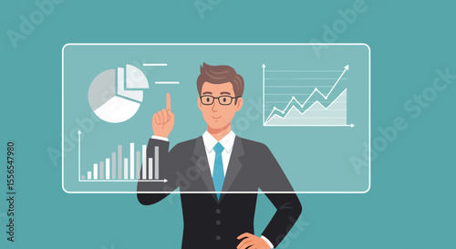 Businessman Presenting Financial Data on Interactive Screen Vector Illustration