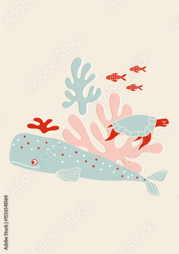 Ocean Friends Poster – Whale, Turtle, fishes & Coral Scene in Soft Pastel Colors (AI)