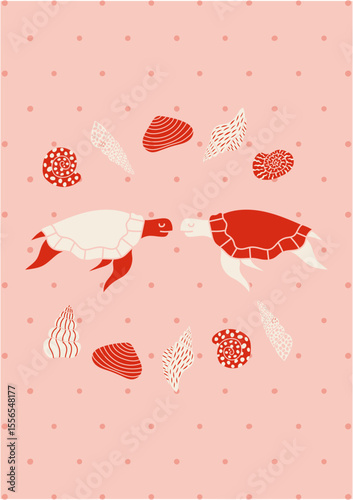 Turtle Love Poster – Cute Sea Turtles & Seashells on Soft Pink Polka Dot Background (AI)