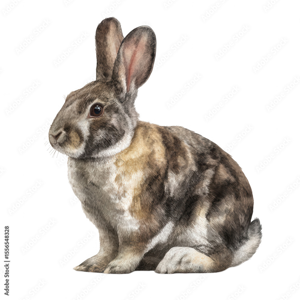 Fototapeta premium A cute brown and gray rabbit, full-body illustration with detailed digital art in a watercolor style, png, transparent