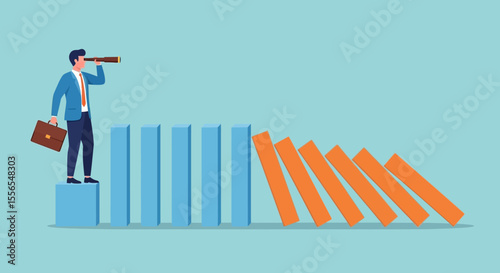 Businessman with Telescope Anticipating Domino Effect Risk Management and Strategic Foresight