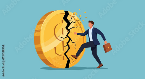 Businessman Breaking a Giant Cracking Gold Coin Financial Crisis Vector Illustration