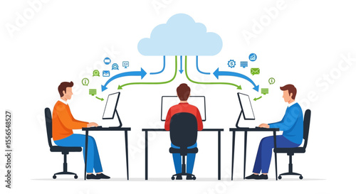 Cloud Computing Collaboration Vector Illustration of Teamwork and Data Sharing