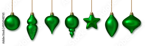 Christmas green baubles realistic set. Shiny 3D ornaments in green metallic colors. Elegant holiday decorations for New Year, Xmas tree, celebration design. PNG