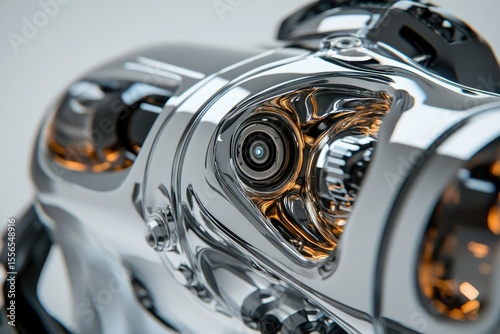 Close-up of a polished chrome robotic arm with intricate internal mechanisms and glowing elements.