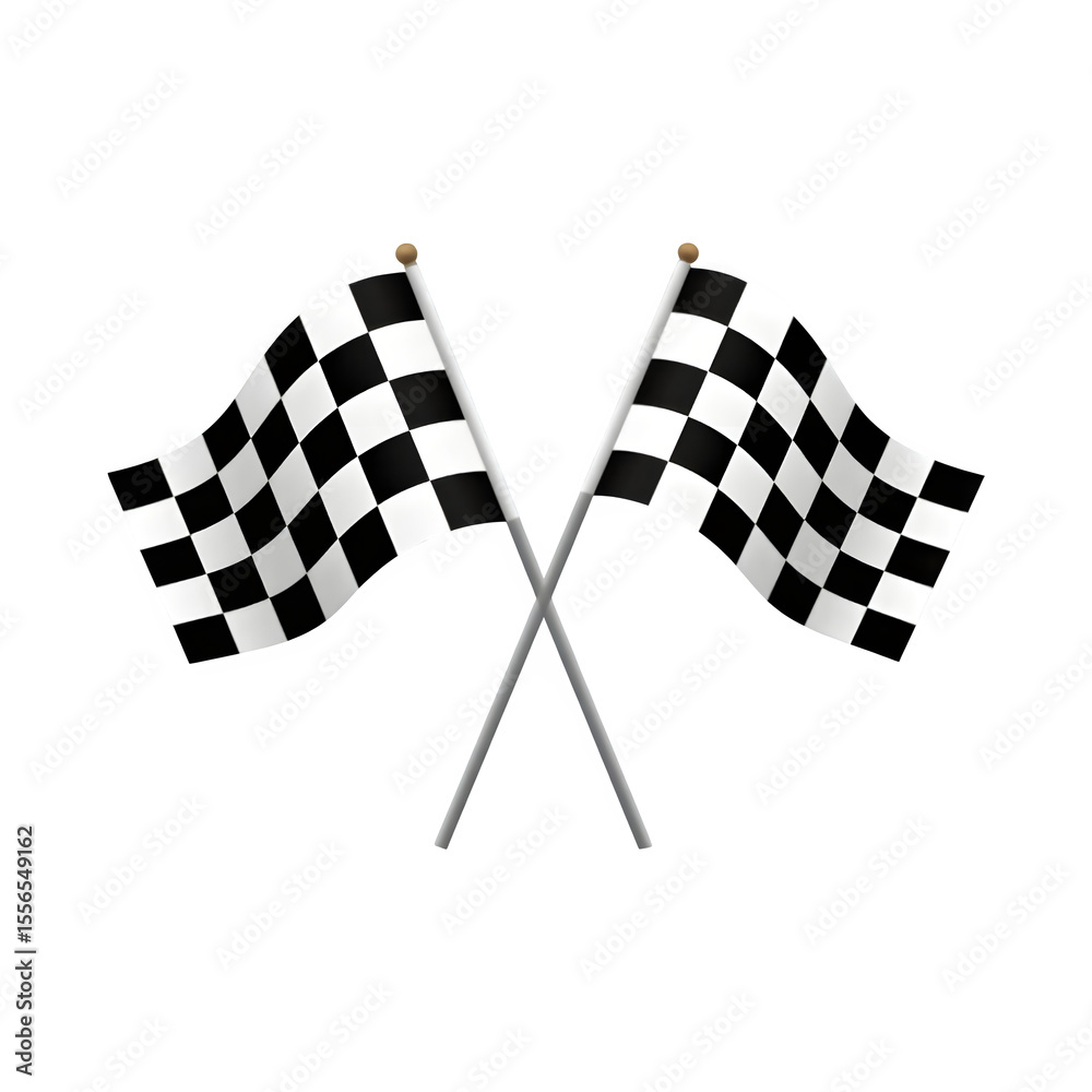 Fototapeta premium Two checkered racing flags crossed on poles isolated on transparent background
