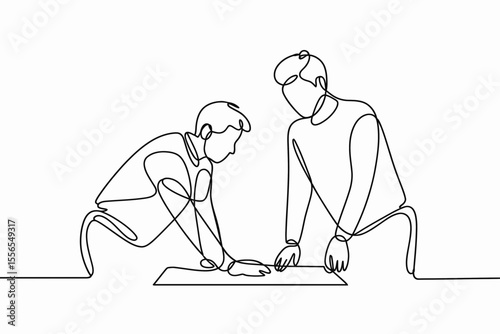 Two individuals are depicted in a single continuous line drawing, focused on a task together, possibly reviewing or discussing a document