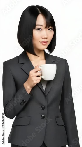 Asian Businesswoman Poses with a Cup of Coffee in Various Angles in Business Attire