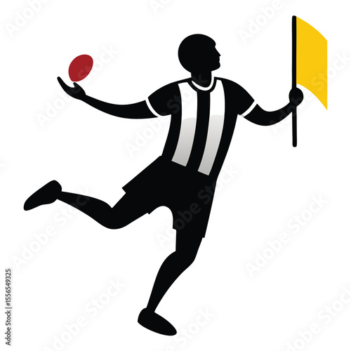 Silhouette illustration of an australian rules football player with a red football and yellow flag