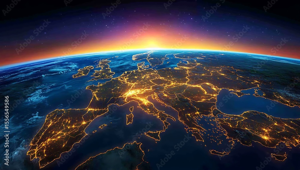 Fototapeta premium Earth from Space Europe Illuminated Cities at Night with Sunrise Horizon image