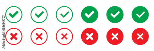 Yes or no symbol, approved or rejected icon. Right or wrong icons. Green tick and red cross checkmarks in circle flat icons  for user interface.