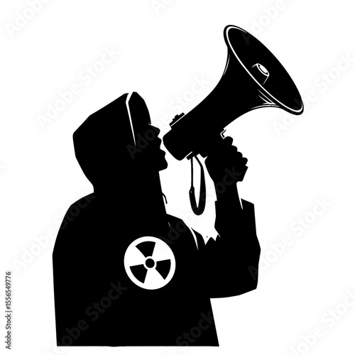 Hooded protester with megaphone speaking against nuclear power