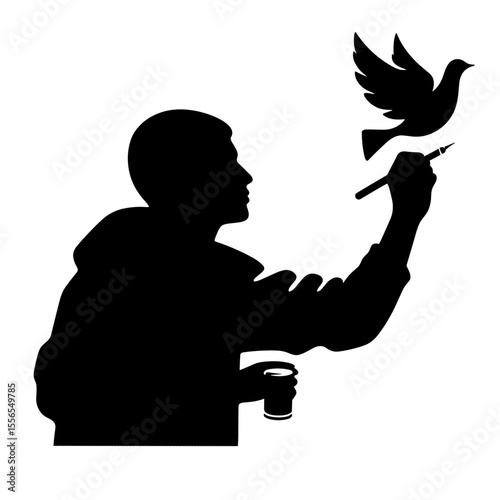 Young artist painting flying dove as call for peace and disarmament