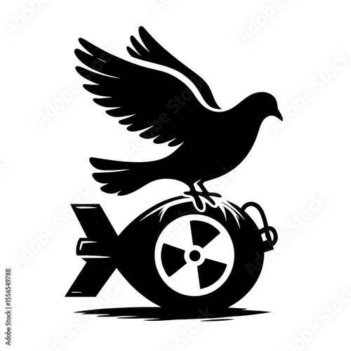 Dove landing on nuclear bomb as antiwar and peace symbol