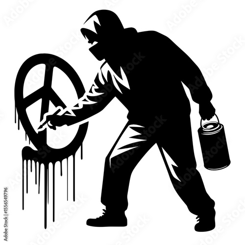 Protester spray-painting peace symbol as act of antiwar rebellion