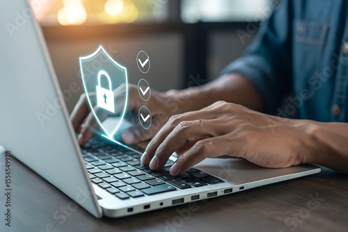 Cybersecurity protects login and secure internet access, Businessman secure data on laptop with encryption and network protection. Secure login and digital privacy, Business confidentiality.