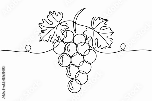 A cluster of grapes and two leaves are depicted using a continuous line drawing style, creating a simplistic and elegant design