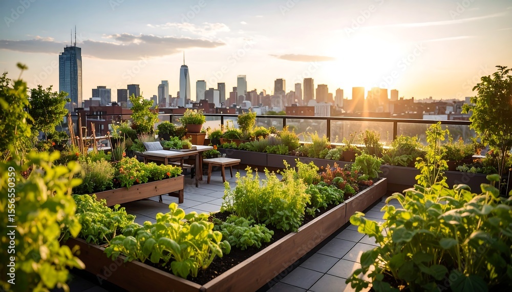 Fototapeta premium Urban rooftop garden at sunset (2)