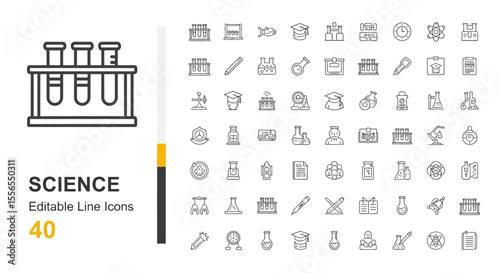 Comprehensive collection of 40 modern editable line icons for scientific research, laboratory experiments, and education. A versatile set of vector graphics depicting various chemical, biological,