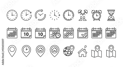 Essential vector line icons representing time, date scheduling, and geographical location, perfect for UI/UX design, mobile apps, and website development
