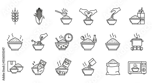Rice preparation steps icon set illustrating cooking and serving rice in various stages