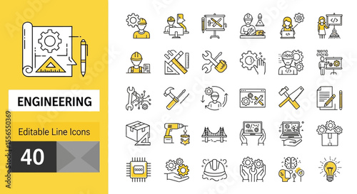 Comprehensive Set of Editable Engineering Line Icons Featuring Tools, Construction, Architecture, Industrial Design, and Innovative Technology Concepts