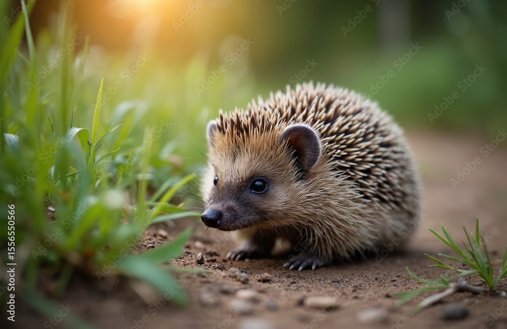 Fototapeta premium Close-up hedgehog in garden. Small wild animal with sharp spines, brown fur. Cute hedgehog in natural environment, looking for food, forest background. Wildlife concept.