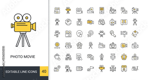 Extensive collection of 40 editable line icons representing photography, videography, film production, and media creation tools for modern digital projects