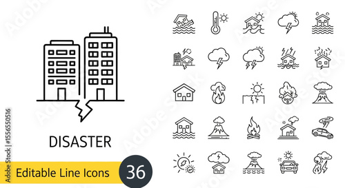 Disaster Line Icons Set Earthquake, Flood, Storm and Volcano
