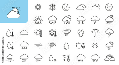 Comprehensive collection of outline weather forecast icons for various climate conditions, illustrating sun, rain, snow, clouds, and storms in a sleek line art style for digital applications